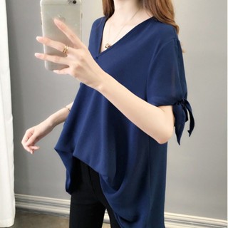 Luxi❤大碼女裝顯瘦遮肚雪紡衫短袖夏季素色胖mm純色小心機上衣減齡300斤可穿
