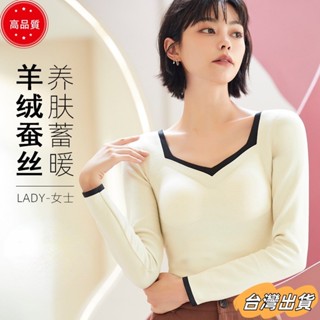 【限時特賣】羊毛羊絨蠶絲撞色德絨保暖內衣 女長袖 無痕自發熱保暖衣女上衣外穿sdaw