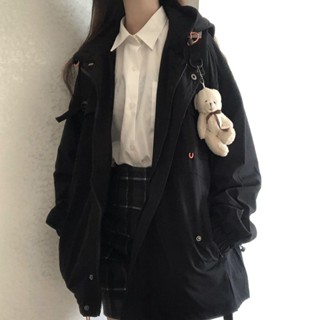 Good✨韓版純色港風外套女學生春秋長袖連帽寬鬆百搭休閒工裝夾剋上衣潮