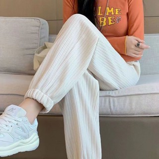 Good✨秋冬加絨加厚雪尼爾褲子女韓版束腳高腰口袋休閒運動褲寬鬆哈倫褲