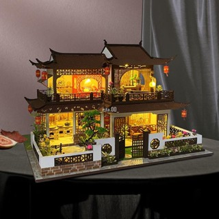 場景模型 造景 街景 建築美代diy手工小屋西溪花間中國風復古建築模型大型別墅木質玩具女傢俱模型 擺件 裝飾