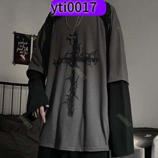 秋季韓版ins原宿復古荊棘圖案印花拼接假兩件上衣寬鬆長袖T恤男女大學T女寬鬆顯瘦小眾長袖