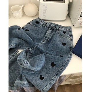 🚀臺灣發貨⚡女款牛仔褲 修身顯瘦牛仔褲 休閒牛仔褲 春秋新款韓版愛心刺繡休閒直筒長褲高腰顯瘦百