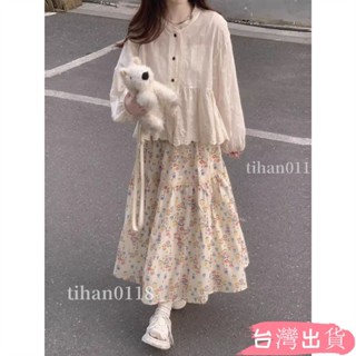 夏季韓版碎花半身裙蕾絲上衣套裝女甜美森係穿搭兩件套大碼套裝大碼上衣大碼半身裙洋裝長袖上衣tihan0118