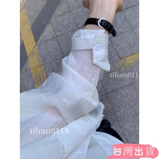 韓係白色薄款防曬長袖襯衫女夏裝新款寬鬆慵懶風襯衣休閒外套上衣雪紡紗透膚長袖罩衫透膚襯衫防曬襯衫tihan0118