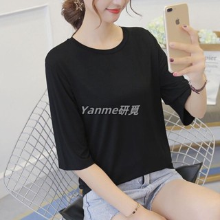 研覓推薦✈末代爾t恤女短袖夏寬鬆素色圓領木代爾七分袖黑色體恤打底衫上衣小眾長袖圓領
