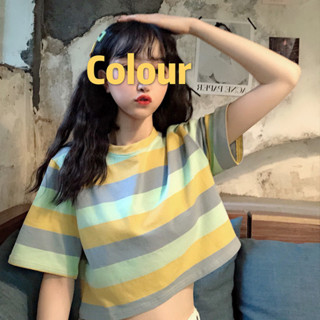 【M&B】韓版寬鬆彩虹條紋短袖上衣 短版上衣 短袖t恤 女裝 顯瘦上衣 衣服 寬鬆上衣 素T 短板上衣GTM298