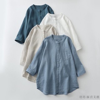 [塔塔·販賣美麗、新品促銷]上衣~亞麻襯衫立領七分袖白襯衫 寬鬆大尺碼防曬衫日係棉麻女裝