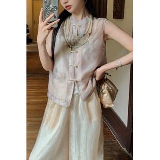 新中式國風水墨兩件套女夏季高階感馬甲上衣長褲氣質茶服禪意套裝 寬鬆 顯瘦洋裝 洋氣套裝 國風套裝 新中式 復古 大尺碼套