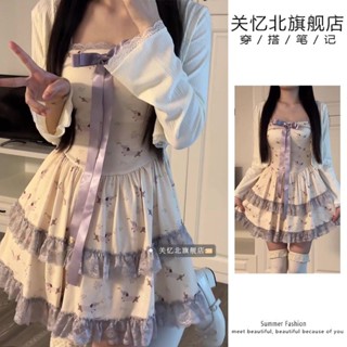 【Sefl】女生套裝 辣妹風卡通印花蕾絲吊帶連衣裙套裝女夏防曬開衫上衣蛋糕蓬蓬短裙