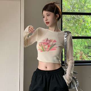 【四季服飾】實拍韓版短版圓領網紗針織花朵印花長袖夏季防曬緊身顯瘦T恤打底衫辣妹內搭上衣女生露肚短板上衣鏤空透膚性感上衣