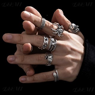 《LEEMI樂米》7pc/1 套裝嘻哈搖滾復古男士時尚開口骷髏頭戒指套裝哥特式首飾