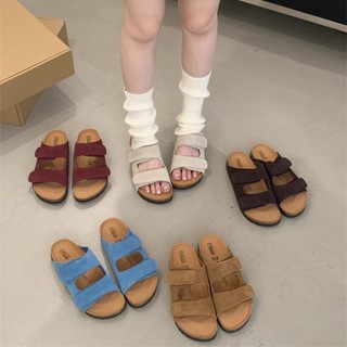 女鞋 大碼 涼拖鞋 拖鞋 涼鞋 半託 懶人 一腳蹬 2025春夏季磨砂真皮魔術貼軟木厚底一字勃肯鞋夏季新款沙灘涼拖鞋