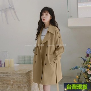 臺灣發貨🔔大碼風衣 卡其色大衣 風衣外套 韓版外套 中長款 春秋季 寬鬆外套 百搭 長袖大衣 排扣外套 係帶大衣