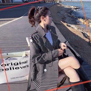 JY 港風復古千鳥格子外套大衣風衣女中長版 小個子春秋冬裝 韓版ins休閒寬鬆收腰帶綁帶格紋大衣外套西裝領百搭顯瘦氣質【