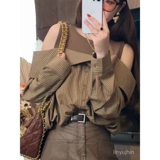【臺中💯免運出貨】條紋假兩件露肩襯衫女秋季新款女裝寬鬆長袖上衣設計感小眾女 BLFI