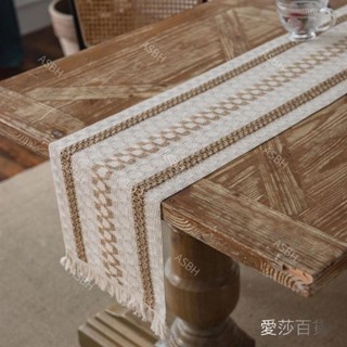 長桌巾 餐桌桌巾 美式棉麻條紋拼接雙色編織流蘇桌旗 蓋巾 桌墊 茶几旗 鞋櫃邊櫃長桌布 電視櫃蓋布 茶几布 裝飾蓋布