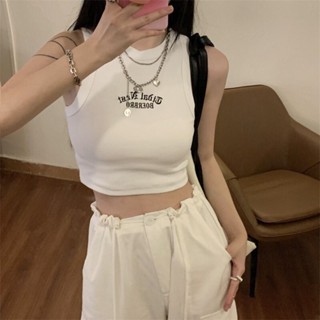超低價五歐美字母刺繡吊帶背心女氣質夏季休閑修身顯瘦甜辣妹短款露臍上衣💥
