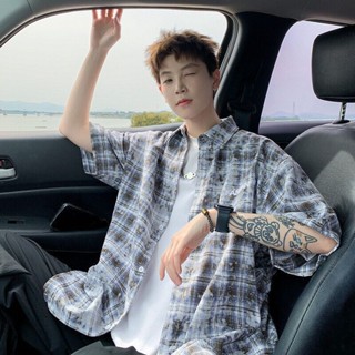 自由穿行🌟精品男裝紮染格子短袖男士夏季襯衫潮牌美式防曬襯衣痞帥高階寬鬆休閒外套