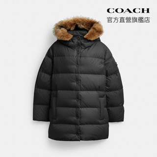 【COACH】聚酯纖維中長版羊毛革細節羽絨外套-黑色(CV301)｜官方直營