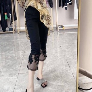 洋裝 【40-100kg】大尺碼女裝 歐貨拼紗微喇叭褲 夏季新款鬆緊腰彈力褲 百搭開叉七分褲MZY060