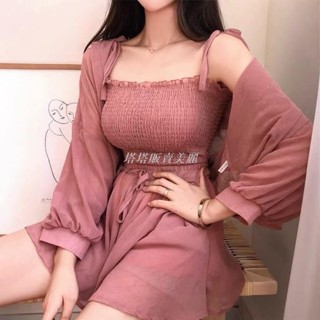 [塔塔·販賣美麗、超讚]時尚女夏季套裝三件套吊帶上衣防曬衣雪紡闊腿褲顯瘦外套女