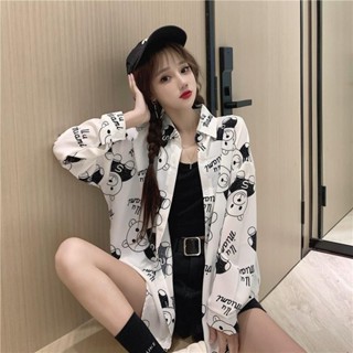 百搭襯衫 顯瘦上衣 休閒上衣 上班襯衫 女生襯衫 時尚襯衫小熊印花雪紡防曬襯衫女設計感小眾夏季薄款寬鬆外穿襯衣長袖上衣
