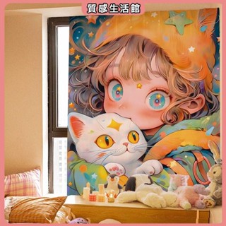 遮光窗簾 魔鬼氈窗簾 ins風可愛貓咪少女魔鬼氈窗簾簡易小窗簾免打孔安裝遮陽布自粘 遮陽 櫃簾 黏貼式
