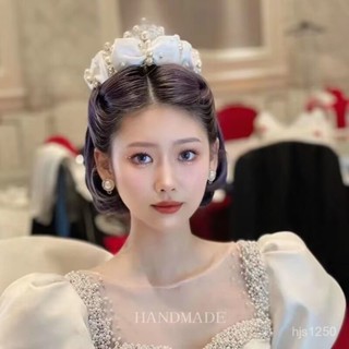 【魅小姐】新款超僊蝴蝶結珍珠皇冠新娘婚紗髮飾超僊公主風法式精緻白色王冠