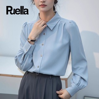 🔥桃園出貨🔥Puella藍色長袖襯衫女秋季新款寬鬆顯瘦設計感襯衣雪紡透氣上衣