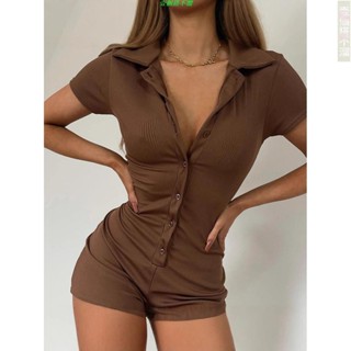 臺灣發貨 連身短褲 色 ins風衣服 連身褲 連身衣 翻領上衣 翻領排扣修身短袖休閒螺紋連體褲 歐美上衣 辣妹上衣
