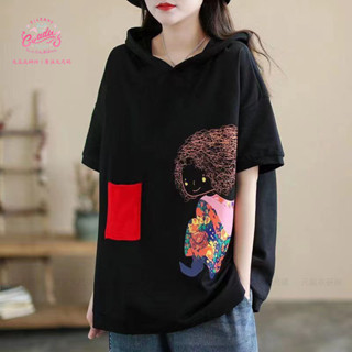 【XL~8XL】純棉寬鬆大碼連帽短袖中長款T恤女夏新款韓版胖人遮肚子上衣【元氣衣研所】
