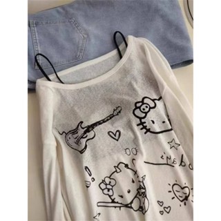 🌸現24H出庫臺灣精品🌸韓係趣味可愛kitty貓印花百搭長袖T恤夏季慵懶風寬鬆防曬罩衫上衣小烏優選