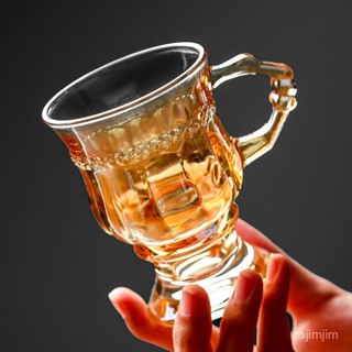 ✨熱銷爆款✨ins復古歐式水杯茶杯家用奶茶杯琥珀色玻璃杯帶把手酒杯咖啡杯子[心悅💖精選]