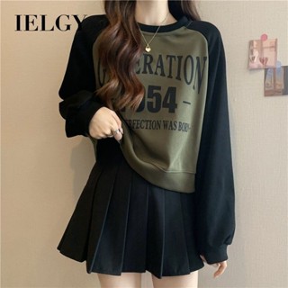 IELGY 撞色拼接短款衛衣女復古字母印花長袖上衣