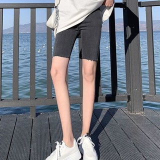 IELGY 加大碼牛仔短褲女夏季高腰淺色新款外褲緊身彈力五分褲