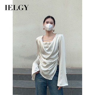 IELGY 法式名牌緞面喇叭袖襯衫女高檔百褶不規則上衣