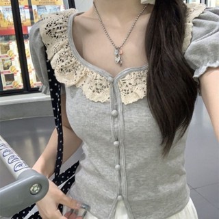 (臺灣出貨)SY韓版溫柔風蕾絲拚接泡泡袖短袖T恤女裝2夏季修身減齡短款上衣甜美清新日係短袖上衣