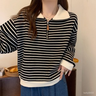 大碼胖mm美式條紋Polo領正肩衛衣女秋季新款寬鬆半拉鏈長袖上衣