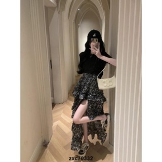 🔥桃園出貨🔥辣妹短袖T恤上衣女夏季純欲風套裝開叉性感碎花長裙半身裙兩件套