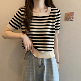 🔥桃園出貨🔥 短袖t恤女冰絲針織衫高檔條紋2024夏季新款正肩方領上衣薄款百搭