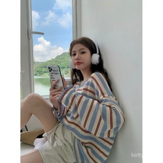 條紋長袖T恤女ins潮早秋季設計感小眾v領寬鬆顯瘦針織打底衫上衣