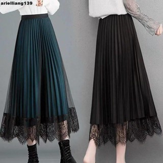 女生半身裙 透氣時髦👗 【兩面穿】半身裙秋冬季女新款大碼高腰蕾絲百褶裙中長顯瘦網紗裙
