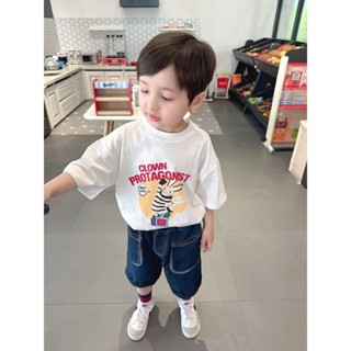 🌈Yi JiA寶貝屋🎀夏季新款兒童卡通圖案純棉短袖白色t恤男女童寶寶韓系半袖上衣薄