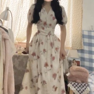 💛限時下殺💛大碼女裝 茶歇泡泡袖碎花連衣裙女 夏季胖mm顯瘦收腰高階感v領長裙 短袖洋裝 長款連衣裙 大碼連身裙 長洋裝