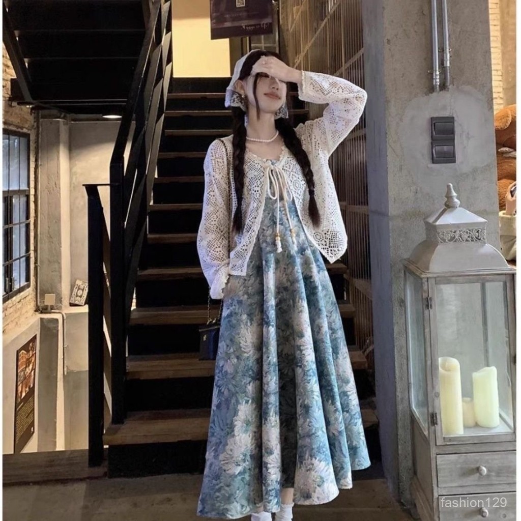 💛限時下殺💛複古油畵碎花吊帶連衣裙 女夏季法式氣質海邊度假風 收腰A字長裙子 洋裝 鏤空罩衫 防曬罩衫配吊帶連衣裙兩件套