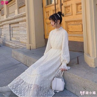 😘悠悠🎀法式中高領蕾絲連衣裙女生秋冬新款 韓版中長款內搭蕾絲裙 韓系收腰顯瘦長袖洋裝 女生裙子 女生衣著洋裝