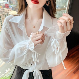 防曬衣女襯衫女夏季新款韓版寬鬆上衣蝴蝶結係帶薄款雪紡衫女襯衣 長袖襯衫 女生襯衫 休閒襯衫 蝴蝶結係帶襯衫 防曬衣