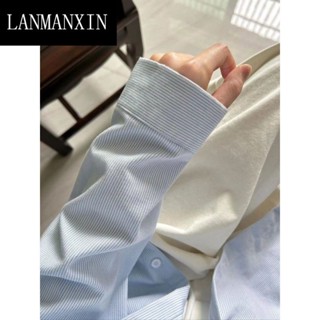 小可家韓係藍色條紋襯衫外套女夏季防曬長袖襯衣韓版寬鬆設計感上衣女 夏季外套 防曬外套 透氣外套 夏天外套女 薄款外套