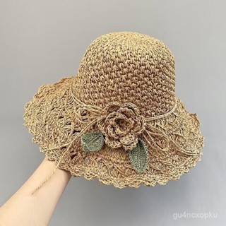 🎉棉花優選🎉手工毛線帽沙灘帽手工編織夏涼帽草帽女遮陽花朵可折疊防紫外綫防曬太陽帽 2D19